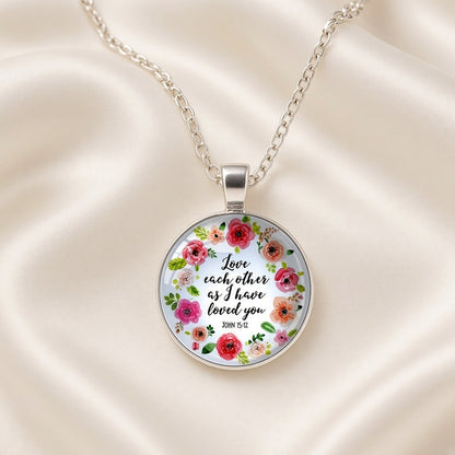 Bible Verse Glass Cabochon Pendant Necklace Floral Wreath Silver Tone - John 15:12 close-up