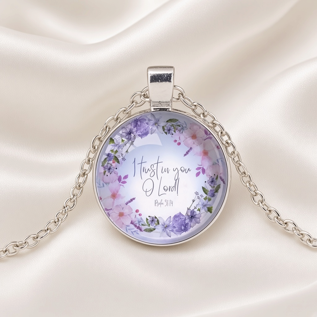 Bible Verse Glass Cabochon Pendant Necklace Floral Wreath Silver Tone - Psalm 31:14 close-up