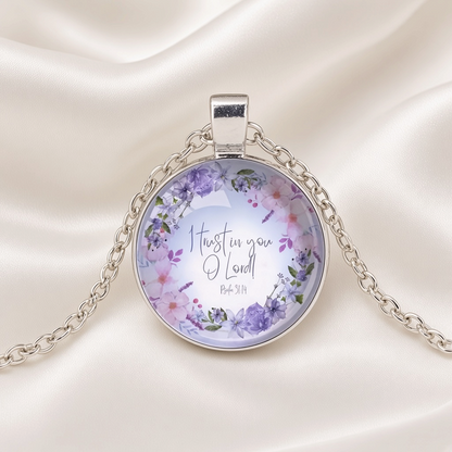 Bible Verse Glass Cabochon Pendant Necklace Floral Wreath Silver Tone - Psalm 31:14 close-up