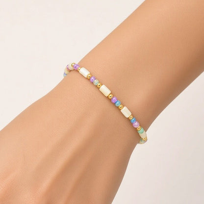 Beaded Freshwater Pearl Shell Glass Bead Adjustable Bracelet - Macaron Beads With Shell Bead