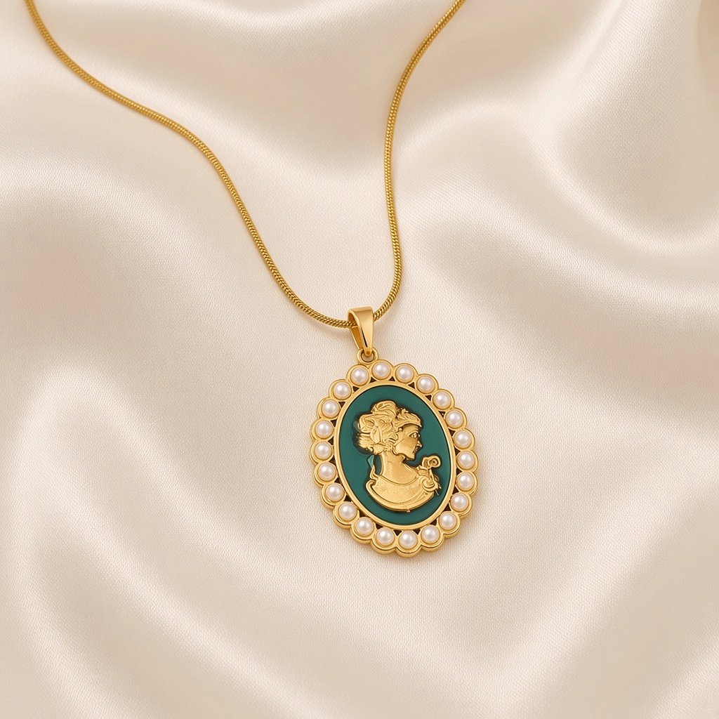 Cameo Portrait Faux Pearl Pendant Necklace 18K Gold Plated Stainless Steel - Blue Green close-up