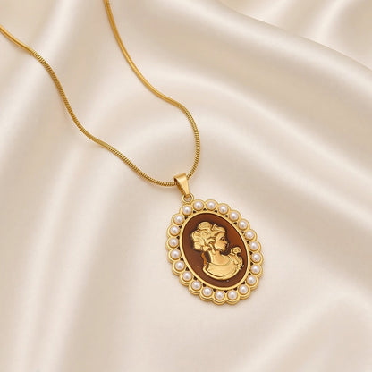 Cameo Portrait Faux Pearl Pendant Necklace 18K Gold Plated Stainless Steel - Coffee close-up