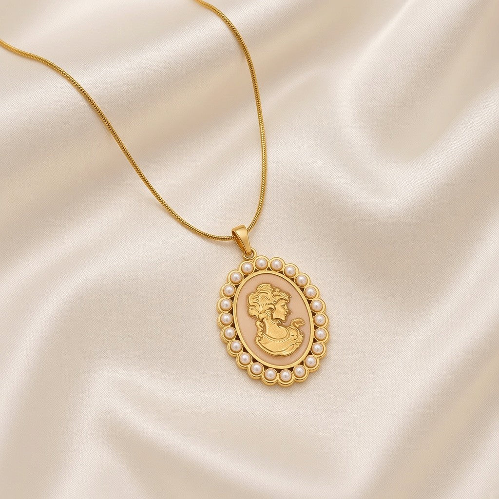 Cameo Portrait Faux Pearl Pendant Necklace 18K Gold Plated Stainless Steel - White close-up