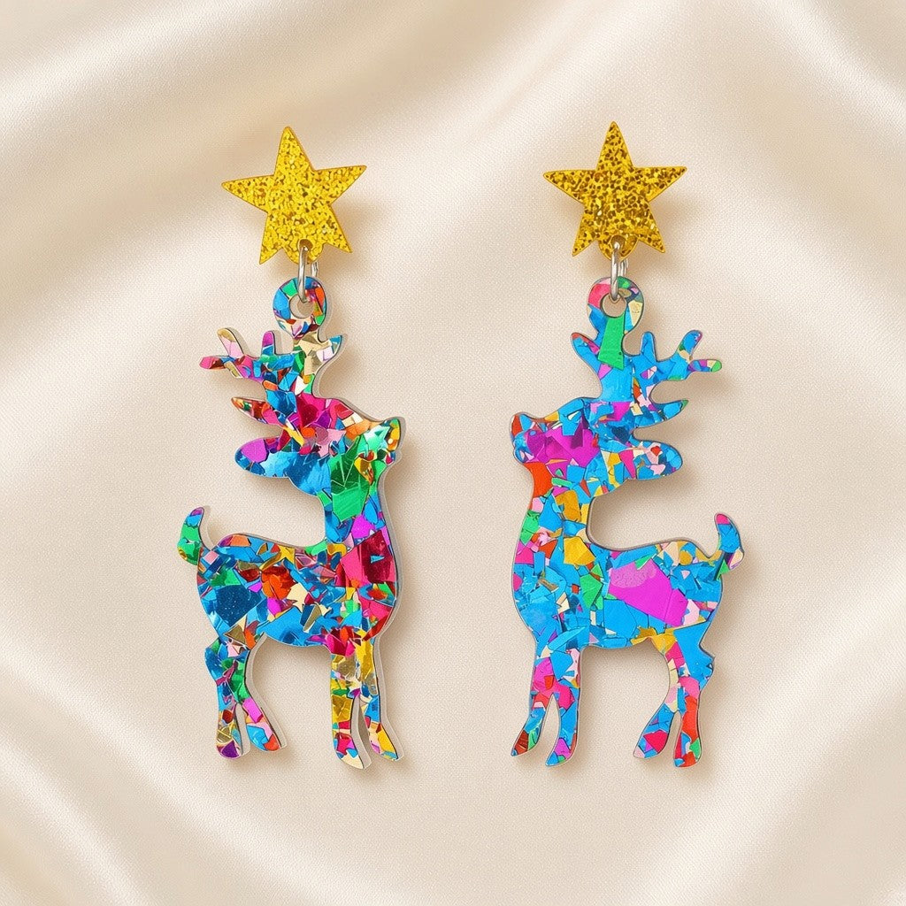 Christmas Reindeer Sequin Drop Earrings Gold Glitter Star Stud - Blue