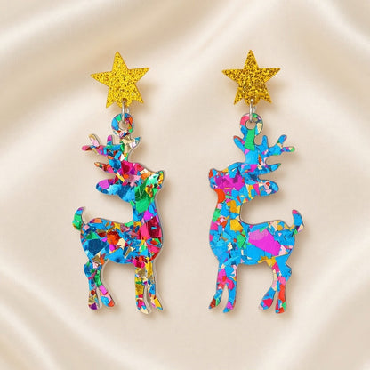 Christmas Reindeer Sequin Drop Earrings Gold Glitter Star Stud - Blue