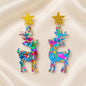Christmas Reindeer Sequin Drop Earrings Gold Glitter Star Stud - Blue
