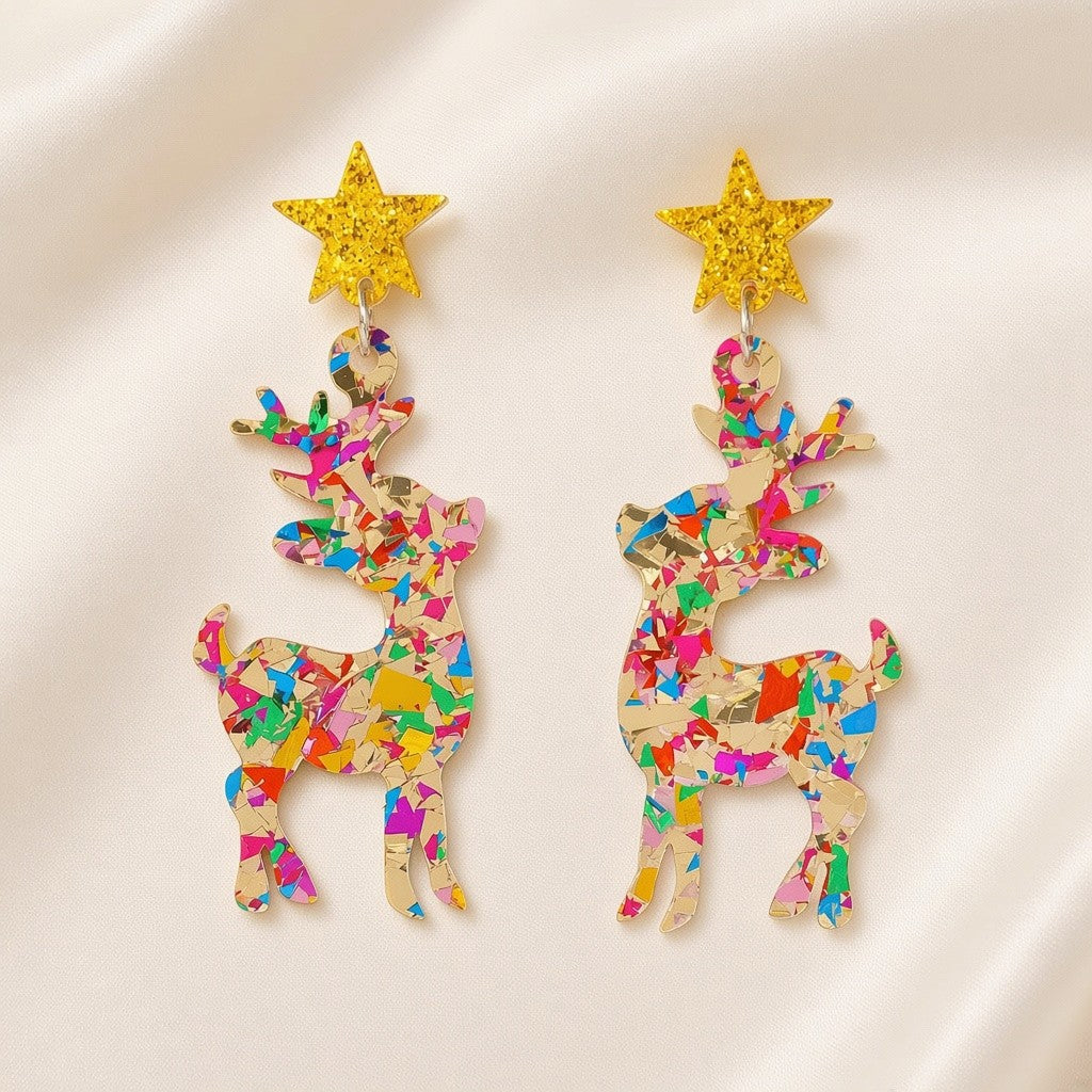 Christmas Reindeer Sequin Drop Earrings Gold Glitter Star Stud - Colorful