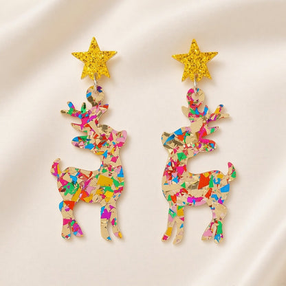 Christmas Reindeer Sequin Drop Earrings Gold Glitter Star Stud - Colorful