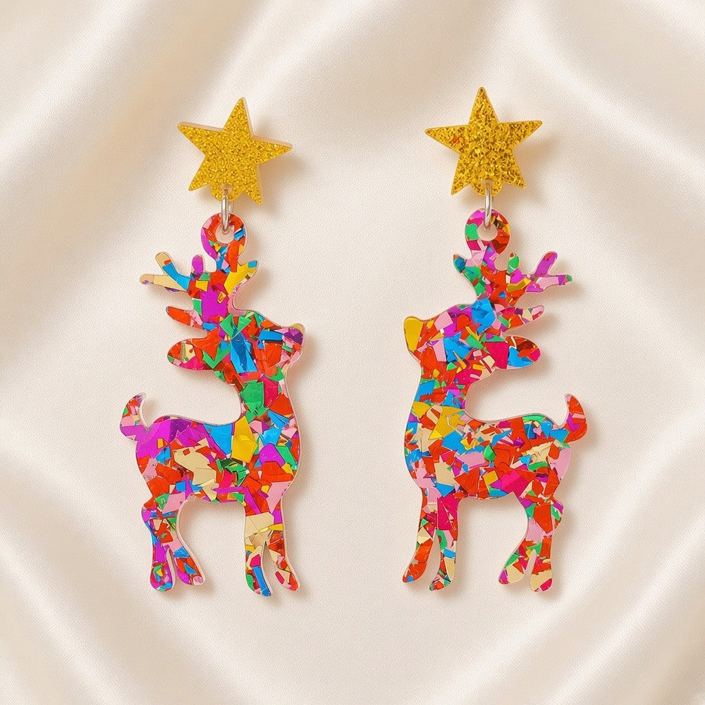 Christmas Reindeer Sequin Drop Earrings Gold Glitter Star Stud - Rose Red