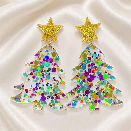 Christmas Tree Sequin Drop Earrings Laser Star - Green and Purple