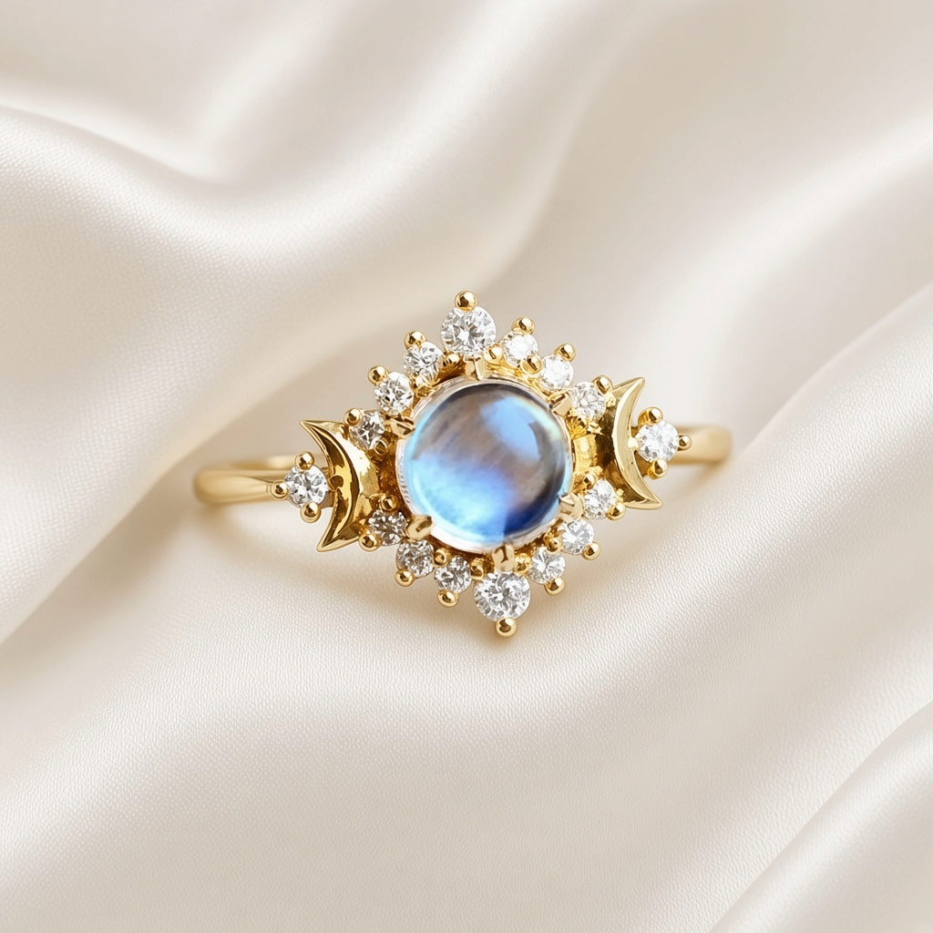 Sun Moon Star Moonstone Zircon Ring Gold Tone Copper