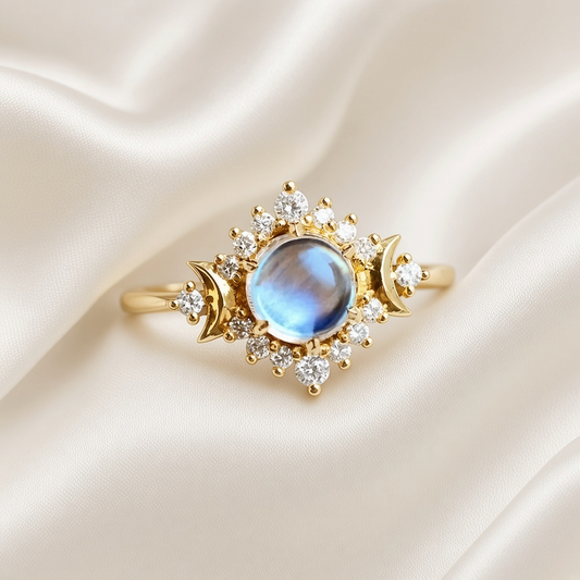 Sun Moon Star Moonstone Zircon Ring Gold Tone Copper