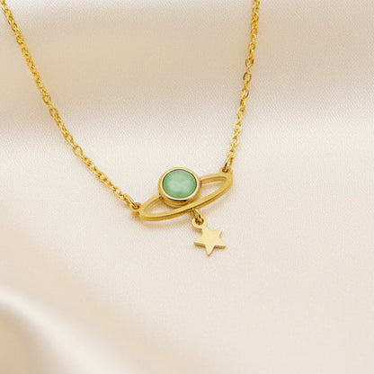 Planet Cat Eye Stone Pendant Necklace Titanium Steel 18K Gold Plated