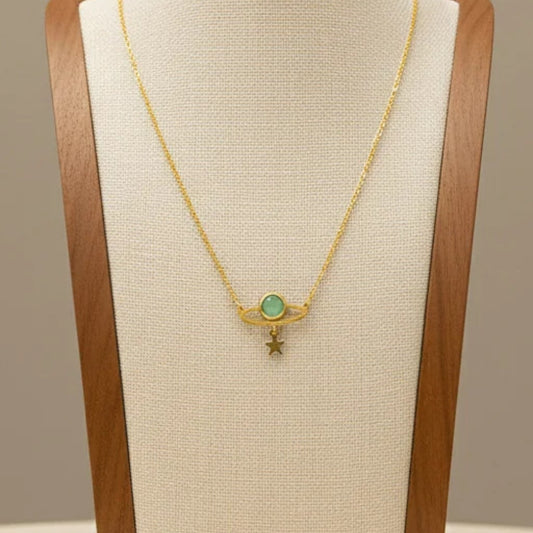 Planet Cat Eye Stone Pendant Necklace Titanium Steel 18K Gold Plated
