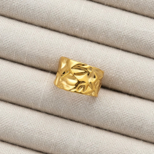 Stainless Steel Lava Crumpled Texture Adjustable Open Ring Gold Plated