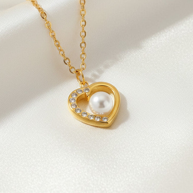 Hollow Heart Pearl Pendant Necklace Stainless Steel 18K Gold Plated