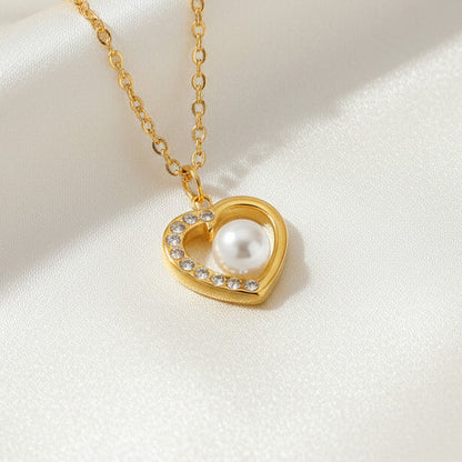 Hollow Heart Pearl Pendant Necklace Stainless Steel 18K Gold Plated