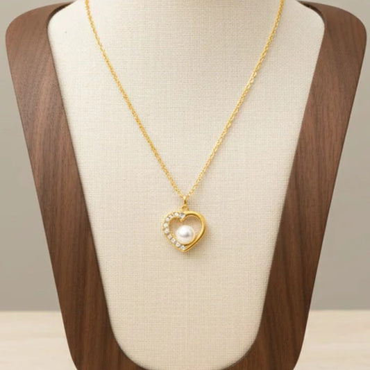 Hollow Heart Pearl Pendant Necklace Stainless Steel 18K Gold Plated