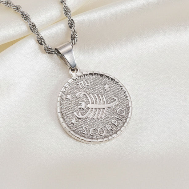 Zodiac Coin Pendant Necklace Silver Tone Stainless Steel Rope Chain Constellation
