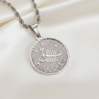 Zodiac Coin Pendant Necklace Silver Tone Stainless Steel Rope Chain Constellation