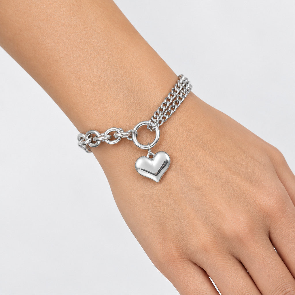 Large Heart Spliced Chain Bracelet - Silver