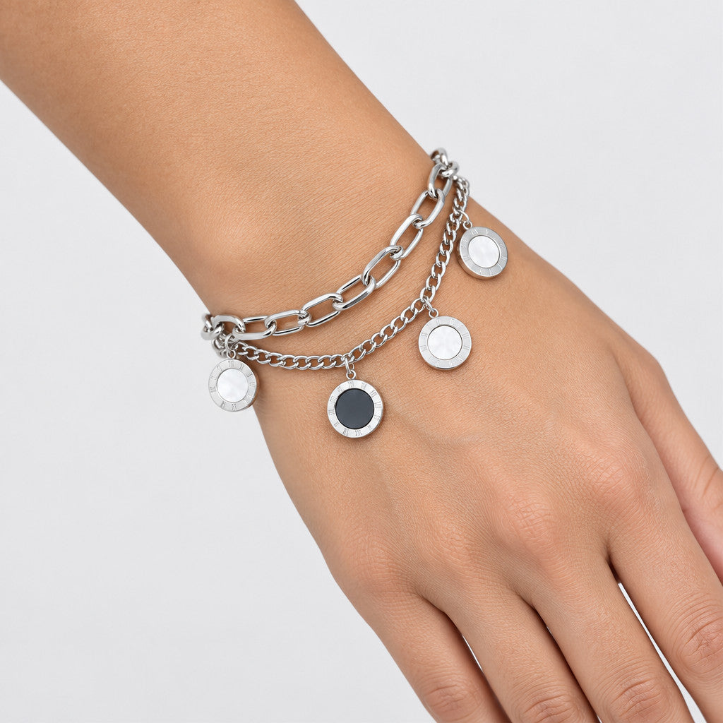 Silver Roman Numeral Disc Double Layer Bracelet