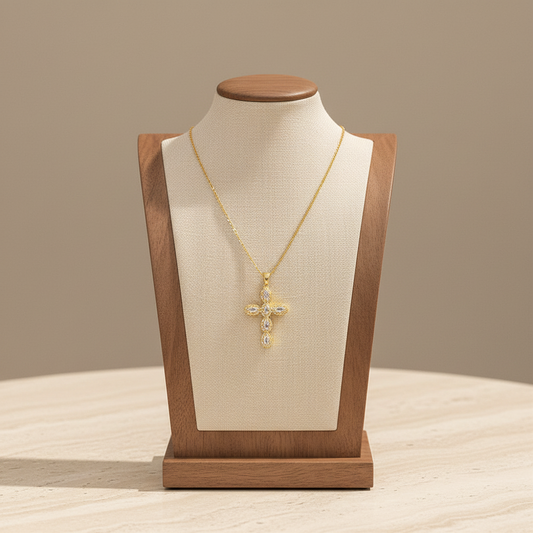 Pave Zirconia Cross Pendant Necklace Gold Tone Stainless Steel