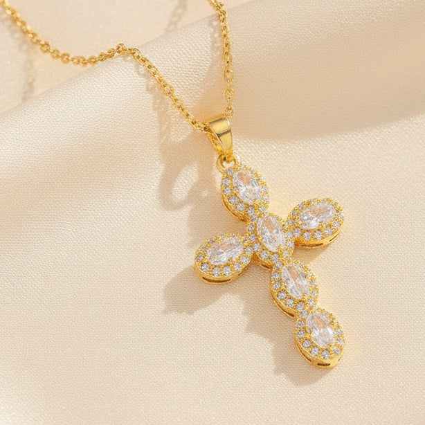 Pave Zirconia Cross Pendant Necklace Gold Tone Stainless Steel