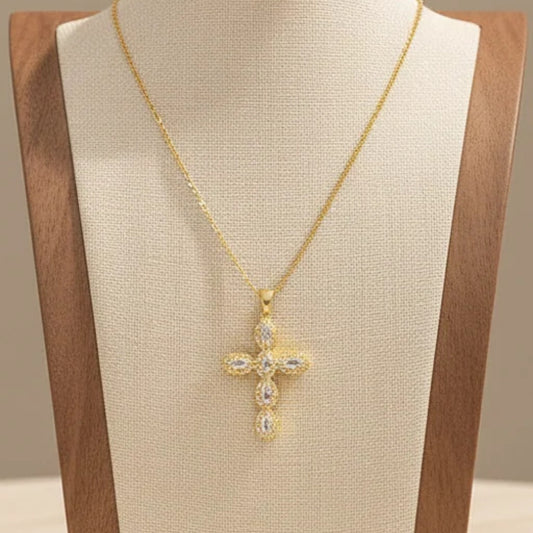 Pave Zirconia Cross Pendant Necklace Gold Tone Stainless Steel