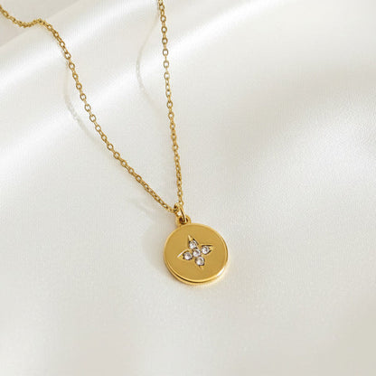 Round Zirconia Pendant Necklace 316L Stainless Steel 18K Gold Plated