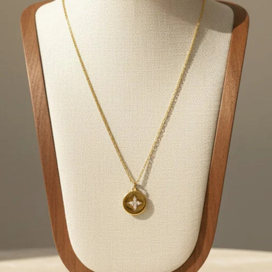 Round Zirconia Pendant Necklace 316L Stainless Steel 18K Gold Plated
