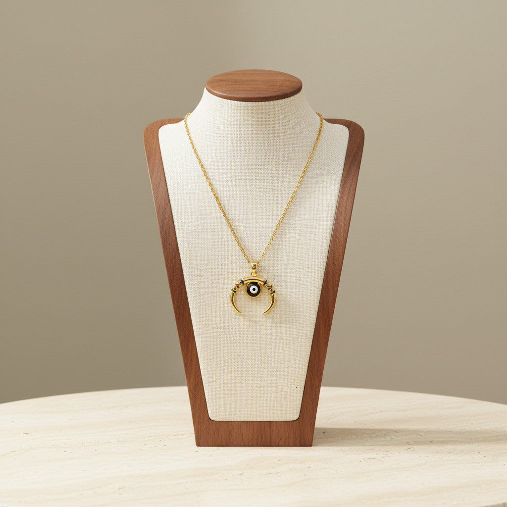 New Moon Multi Gem Evil Eye Pendant Necklace 18K Gold Plated Copper Cubic Zirconia