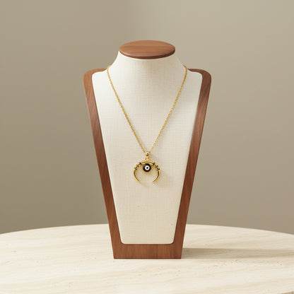 New Moon Multi Gem Evil Eye Pendant Necklace 18K Gold Plated Copper Cubic Zirconia
