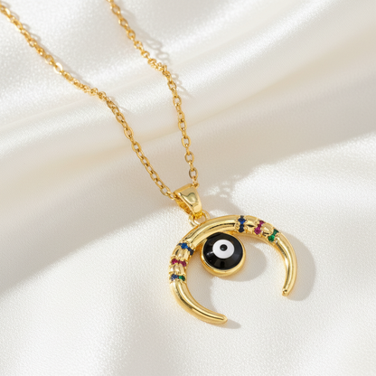 New Moon Multi Gem Evil Eye Pendant Necklace 18K Gold Plated Copper Cubic Zirconia