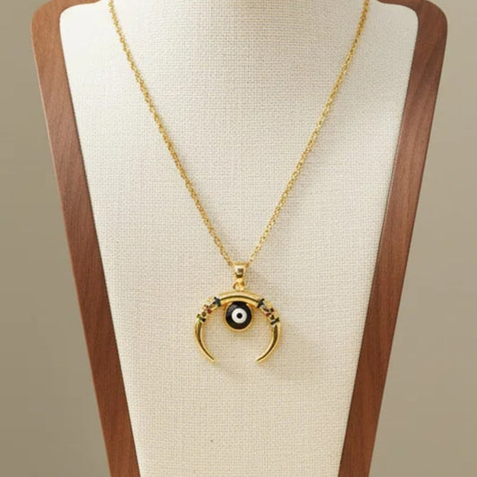 New Moon Multi Gem Evil Eye Pendant Necklace 18K Gold Plated Copper Cubic Zirconia