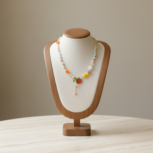 Oval Pearl Floral Beaded Necklace Enamel Alloy Gold Multicolor