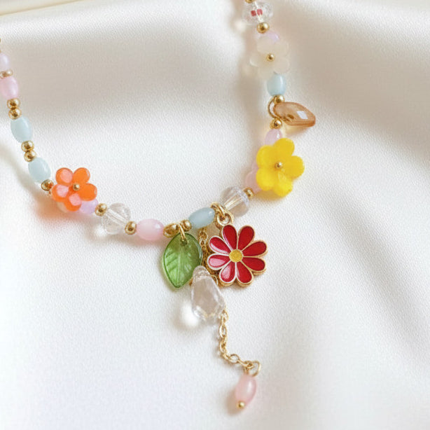 Oval Pearl Floral Beaded Necklace Enamel Alloy Gold Multicolor