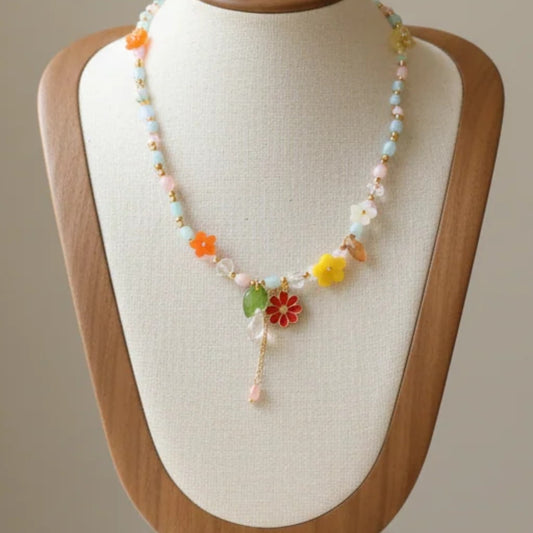 Oval Pearl Floral Beaded Necklace Enamel Alloy Gold Multicolor