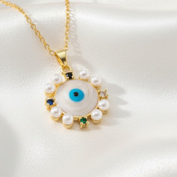 Pearl Rim Evil Eye Pendant Necklace 18K Gold Plated Copper Cubic Zirconia