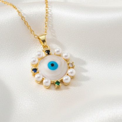 Pearl Rim Evil Eye Pendant Necklace 18K Gold Plated Copper Cubic Zirconia