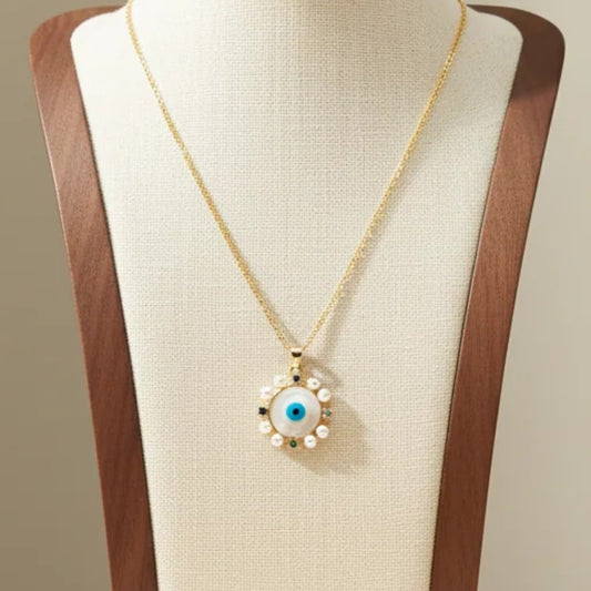 Pearl Rim Evil Eye Pendant Necklace 18K Gold Plated Copper Cubic Zirconia
