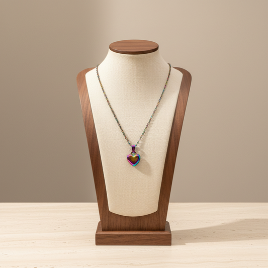 Smooth Mini Hollow Heart Pendant Necklace Rainbow Stainless Steel Minimalist