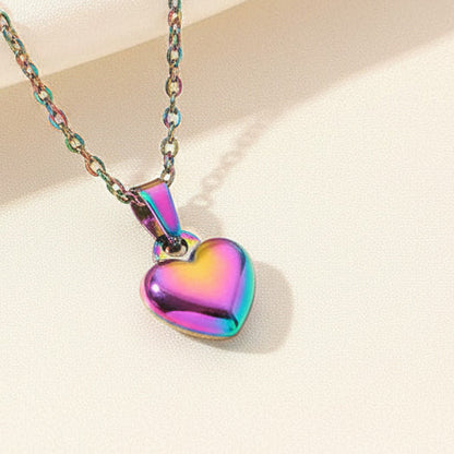 Smooth Mini Hollow Heart Pendant Necklace Rainbow Stainless Steel Minimalist