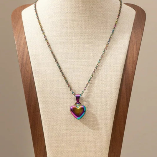 Smooth Mini Hollow Heart Pendant Necklace Rainbow Stainless Steel Minimalist