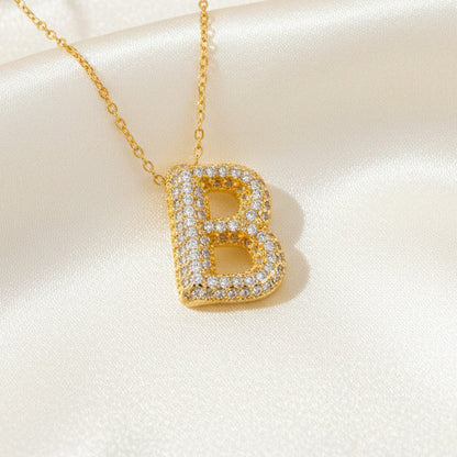 Alphabet Initial Pendant Necklace Micro Pave Zircon Stainless Steel 18K Gold Plated