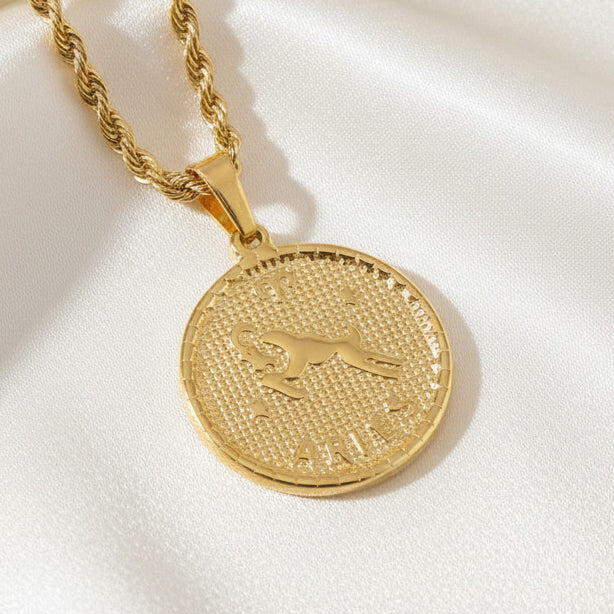 Zodiac Coin Pendant Necklace 18K Gold Plated Stainless Steel Rope Chain Constellation