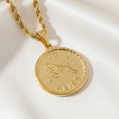 Zodiac Coin Pendant Necklace 18K Gold Plated Stainless Steel Rope Chain Constellation