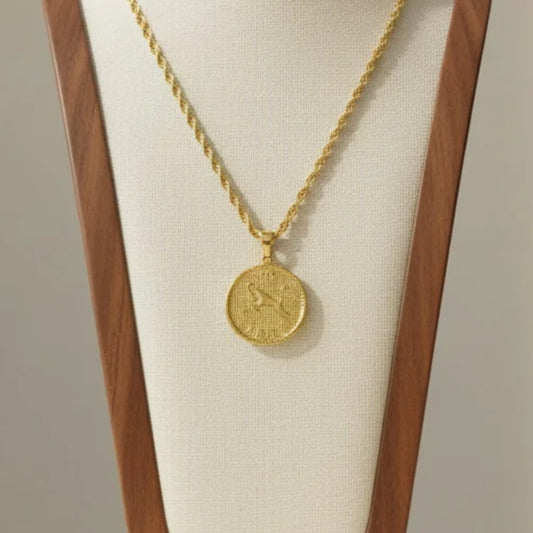 Zodiac Coin Pendant Necklace 18K Gold Plated Stainless Steel Rope Chain Constellation