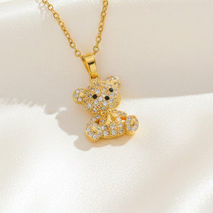 Zircon Teddy Bear Pendant Necklace Stainless Steel 18K Gold Plated