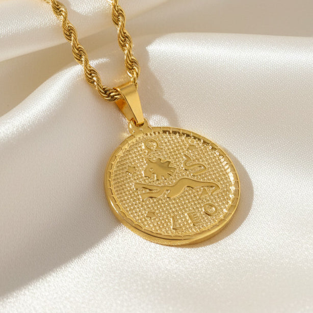 Zodiac Coin Pendant Necklace 18K Gold Plated Stainless Steel Rope Chain Constellation